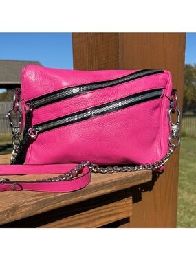 orYANY EUC Fuchsia Leather Crossbody Bag with Silver Accents & Chain